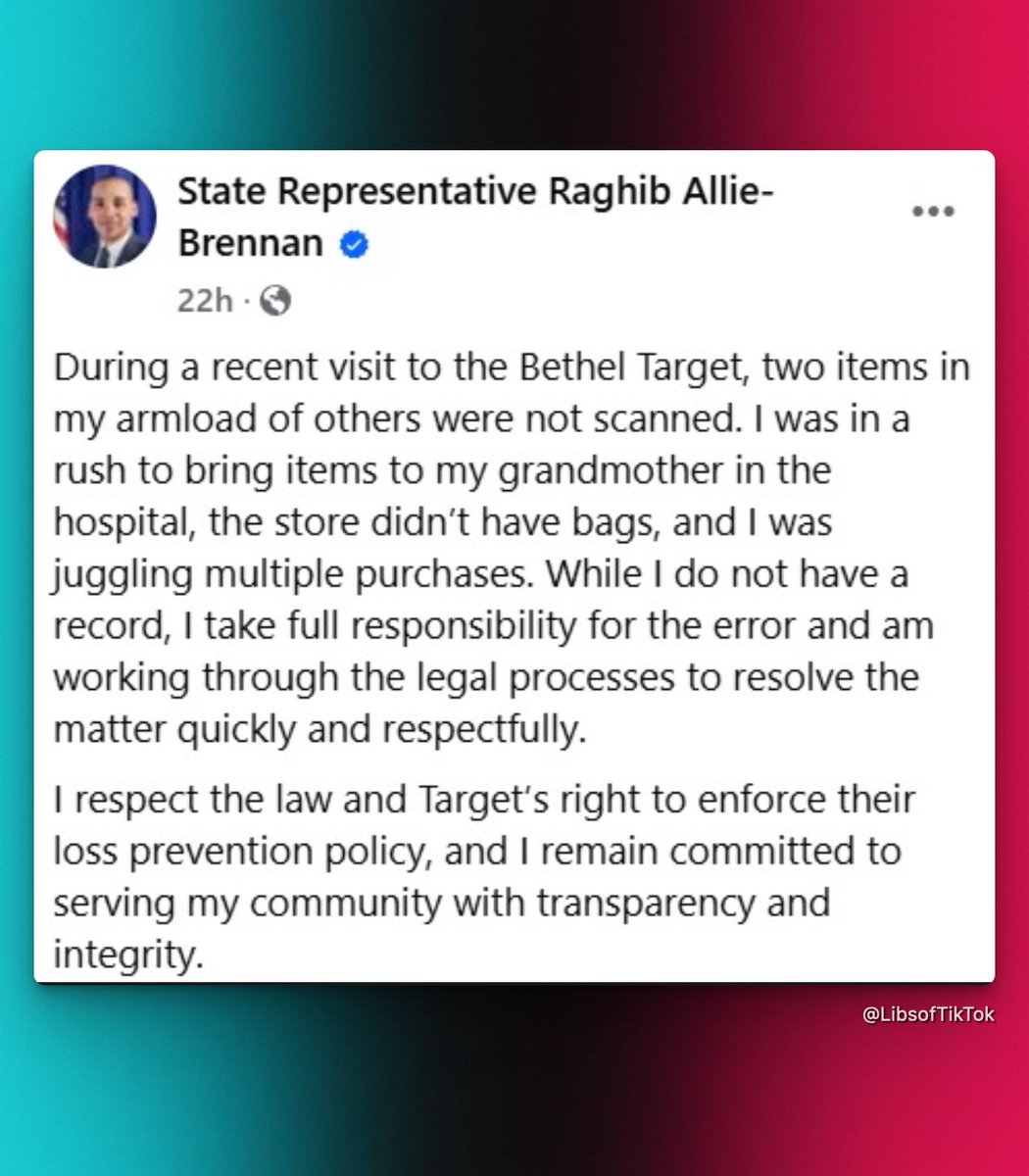 BREAKING: CT State Rep Raghib Allie-Brennan (D) arrested on shoplifting charges after he failed to scan all his items at a self-checkout in Target.

Target employees told police that they recognized Allie-Brennan from “previous unreported larcenies.”

Allie-Brennan claims he was