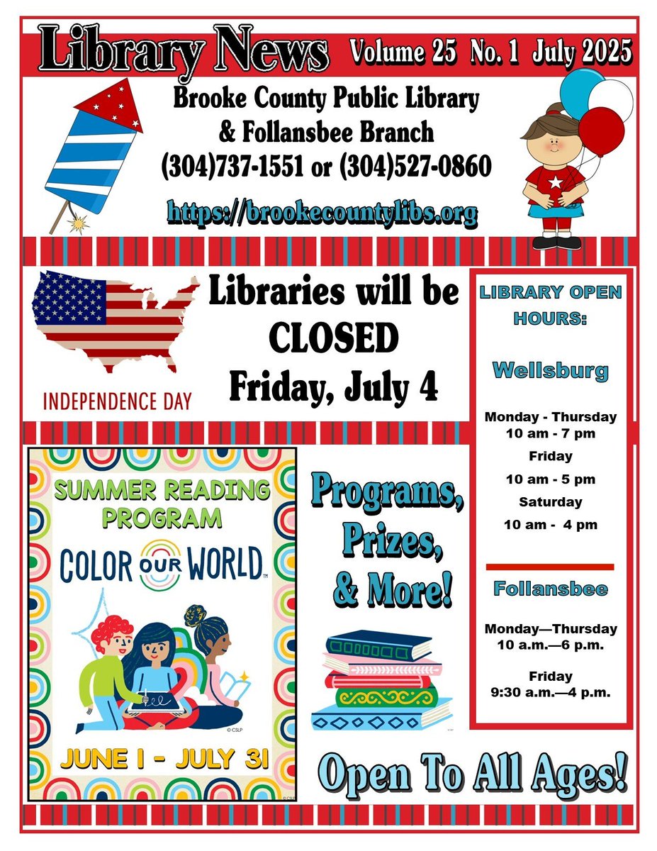 BrookePublic's tweet photo. July 2025 Newsletter
To register for programs online, visit https://t.co/4Geu9AfwRB
To see what you can do &/or access with your library card from the comforts of your home, visit https://t.co/e3B4A7WeKY
#WVLibraryProgramsRock
#SaveTheDates
#LibrariesRock
1/6 https://t.co/RbGutYIFx5