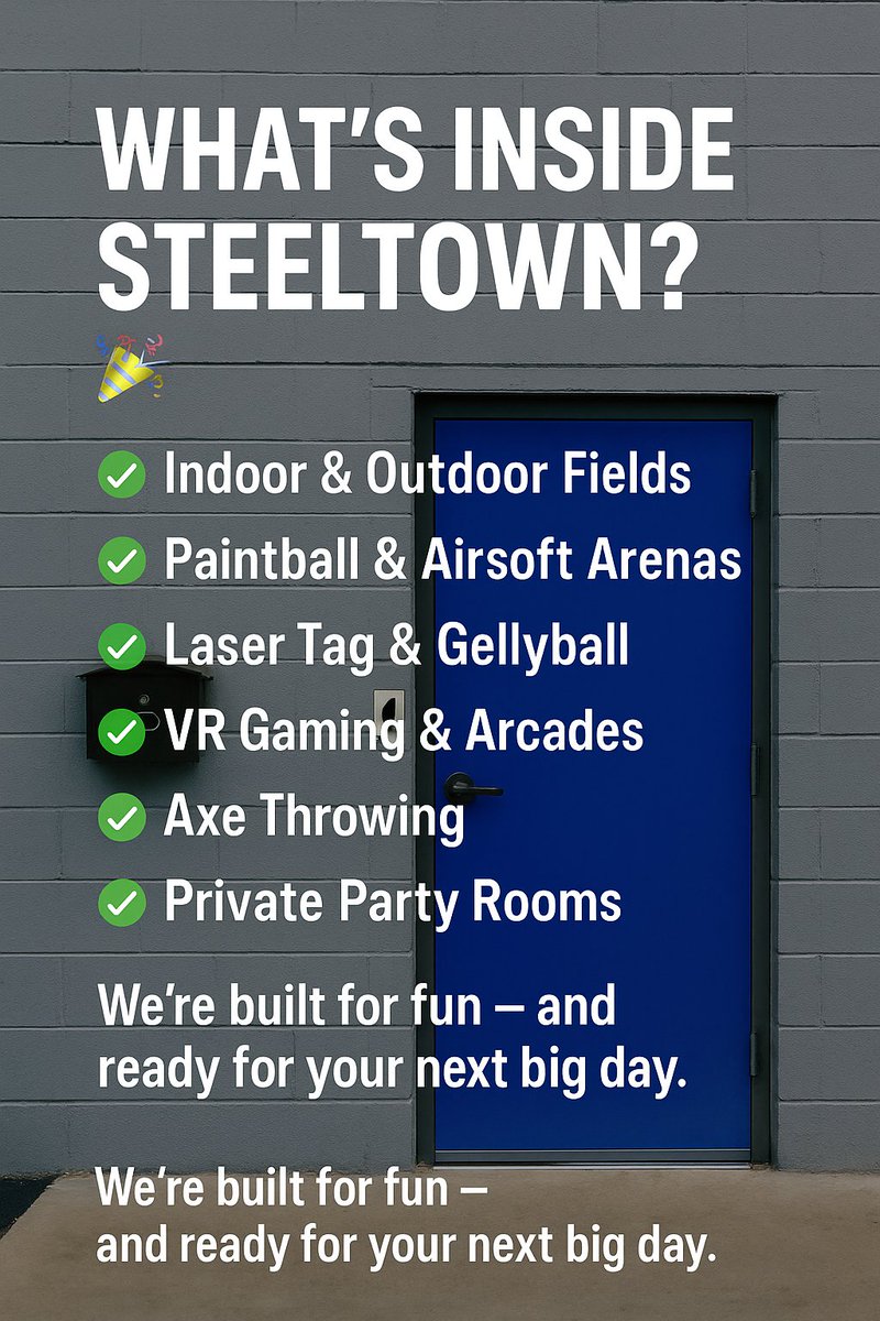 SteelTownPB's tweet photo. What’s Inside Steeltown?"
🎉 Planning an outing, birthday, or group event?
Here’s a peek at what’s waiting behind our doors:

✅ Indoor & Outdoor Fields – Play rain or shine
✅ Paintball & Airsoft Arenas – Beginner to advanced
✅ Laser Tag & Gellyball – Safe, fun for all ages
✅ VR Gaming, Arcades & Axe Throwing – Non-stop action
✅ Private Party Rooms – Reserve for birthdays, teams, & corporate events
✅ Climate-Controlled Comfort – No weather worries

📅 We’re built for fun — and ready for your next big day.

💬 Questions? Message us anytime or check out https://t.co/P5udD2HGX6