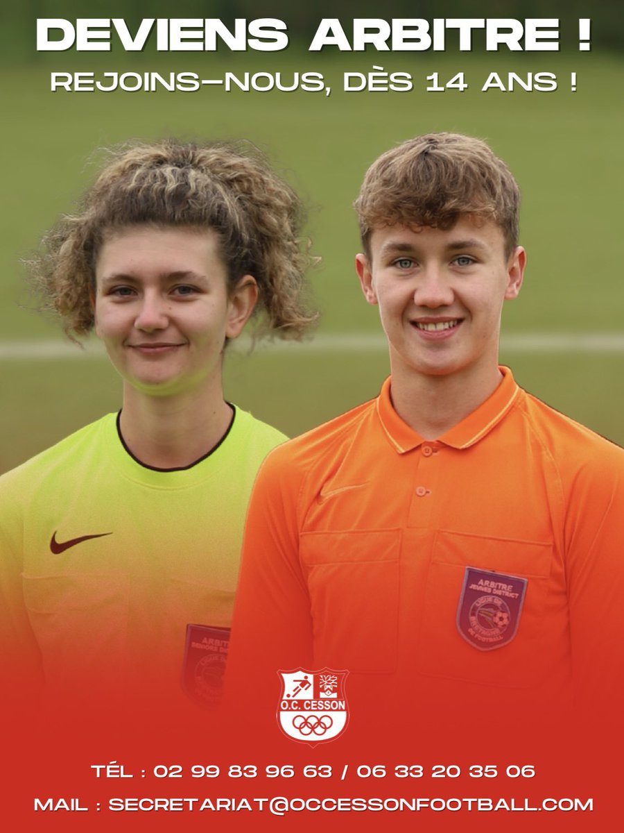 [ARBITRES]

🫵 Vous avez 14 ans et plus, et vous êtes passionné(e) de foot ?
Venez rejoindre notre équipe d’arbitres officiels pour la saison 2025/2026 !

🤗 Il est même possible de cumuler le statut de joueur et d’arbitre !

#TeamOCC