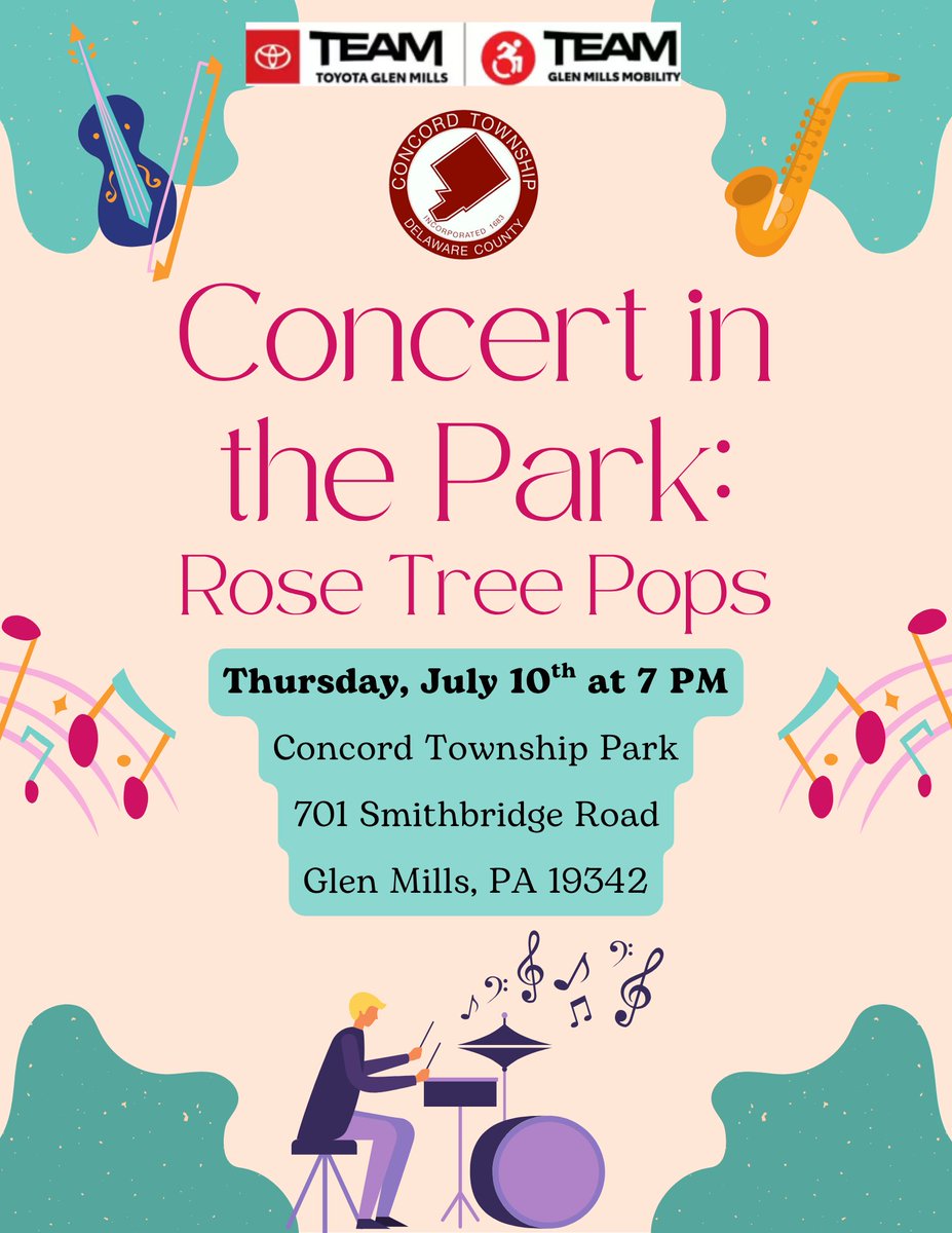 Concert in the Park featuring Rose Tree Pops!
Thursday, July 10th @ 7PM
Township Park - 701 Smithbridge Road
#joinus #music #concert #concertinthepark #RoseTreePops #ConcordProud