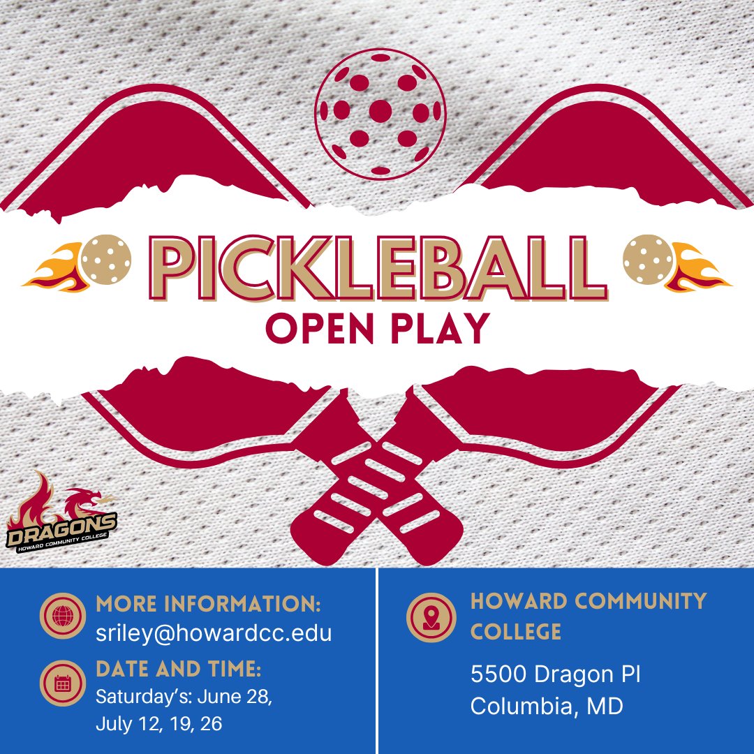 Howard CC Dragons (@howardccdragons) on Twitter photo Pickleball is coming to HCC this July!
For more information, please reach out to Shannon Riley at sriley@howardcc.edu.
Register at commerce.cashnet.com/SCAMP?cname=PI…
#GoDragons #DragonCountry Pickleball is coming to HCC this July!
For more information, please reach out to Shannon Riley at sriley@howardcc.edu.
Register at commerce.cashnet.com/SCAMP?cname=PI…
#GoDragons #DragonCountry