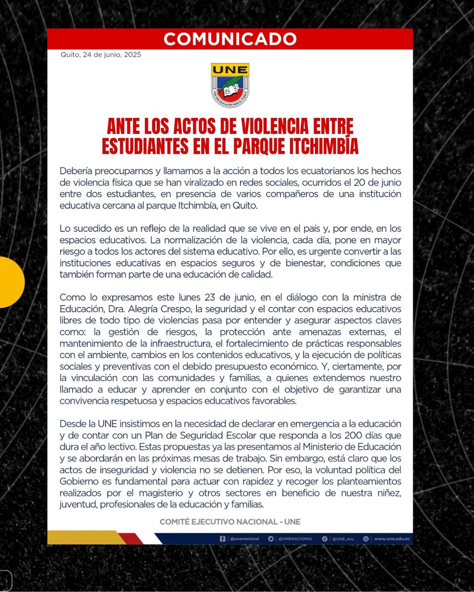 ¡La educación está en emergencia! Tras la brutal agr3sión entre estudiantes en Quito, la Unidad Nacional de Educadores exige al Ministerio declarar en emergencia el sistema escolar y aplicar, ya, un plan urgente de seguridad en las instituciones. 🛑📚