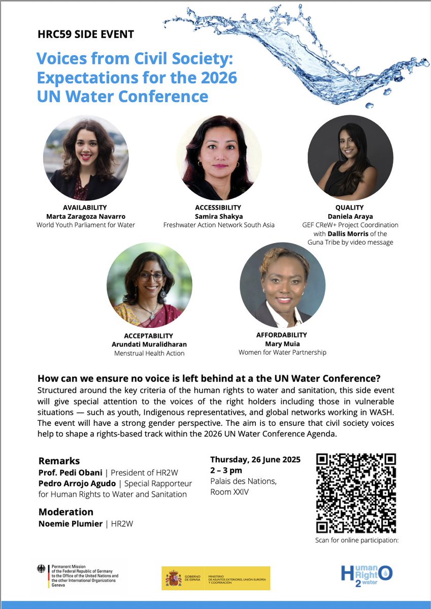 📢 Join us at Voices from Civil Society Side Event on June 26 in Geneva (hybrid)!
🌍 Civil society leaders share their expectations for the 2026 #UNWater Conference, focusing on the human rights to water &amp; sanitation.
#HRC55 #HR2Water #WaterIsAHumanRight