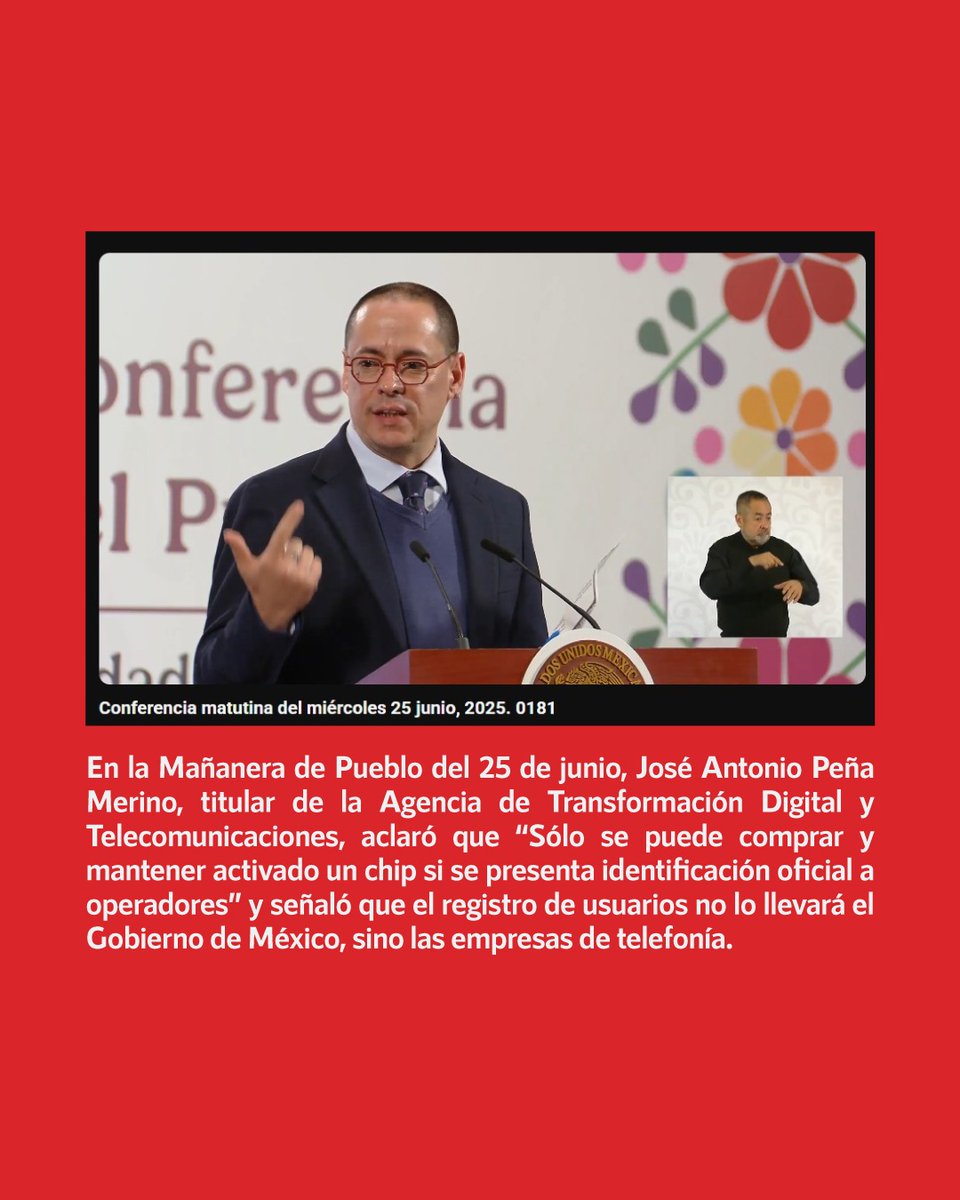 InfodemiaMx (@infodemiamex) on Twitter photo ❌Falso que el <a href="/GobiernoMX/">Gobierno de México</a> tendrá un registro de usuarios que compren chips de celulares
✅En la Mañanera de Pueblo del 25 de junio, José Antonio Peña Merino, titular de la Agencia de Transformación Digital y Telecomunicaciones, aclaró que “sólo se puede comprar y mantener ❌Falso que el <a href="/GobiernoMX/">Gobierno de México</a> tendrá un registro de usuarios que compren chips de celulares
✅En la Mañanera de Pueblo del 25 de junio, José Antonio Peña Merino, titular de la Agencia de Transformación Digital y Telecomunicaciones, aclaró que “sólo se puede comprar y mantener