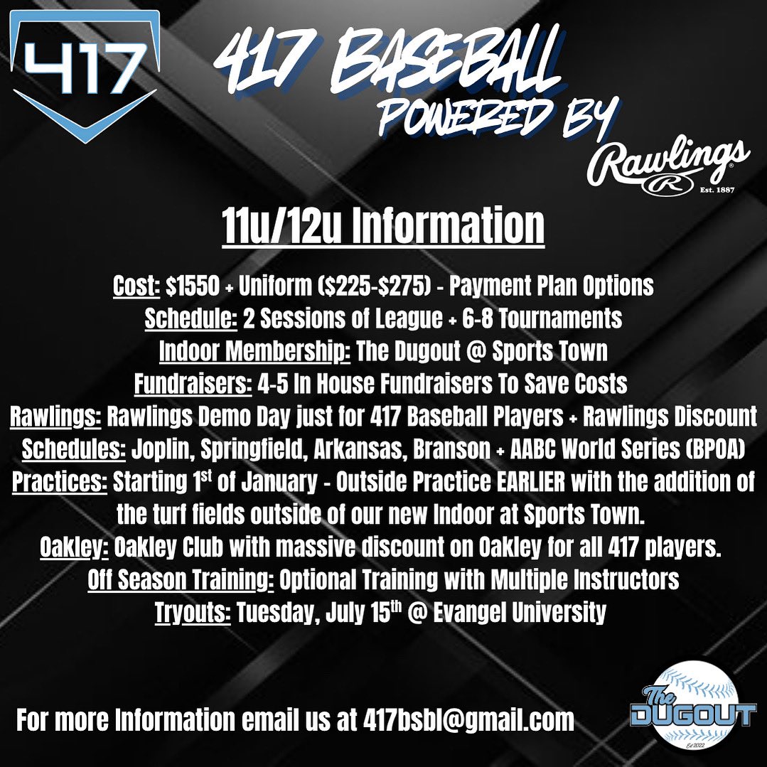 417 Baseball “Powered by Rawlings” (@417bsbl) on Twitter photo 417 Baseball - 11u/12u Information/Tryouts
For more information shoot us a message at 417bsbl@gmail.com
Registration Link: 417youthsports.leagueapps.com/events/4630184…—2025-youth-tryouts-8u-13u
#Family 417 Baseball - 11u/12u Information/Tryouts
For more information shoot us a message at 417bsbl@gmail.com
Registration Link: 417youthsports.leagueapps.com/events/4630184…—2025-youth-tryouts-8u-13u
#Family