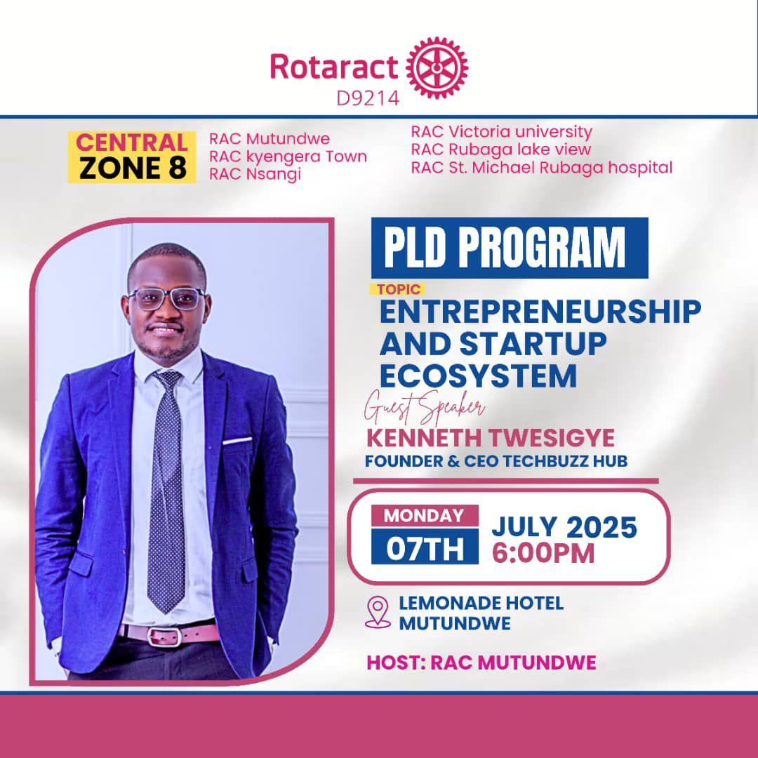 Rotaract Club of Mutundwe (@rac_mutundwe) on Twitter photo Empowering minds, igniting innovation!💡
Join us this July 7th 2025 as <a href="/rac_mutundwe/">Rotaract Club of Mutundwe</a> hosts a PLD program for Central zone 8.
Topic: Entrepreneurship and startup ecosystem.
Guest speaker: Kenneth Twesigye (Founder and CEO Techbuzz hub)
📍: Hotel Lemonade-Mutundwe
🕐: 6pm
#PRTeam Empowering minds, igniting innovation!💡
Join us this July 7th 2025 as <a href="/rac_mutundwe/">Rotaract Club of Mutundwe</a> hosts a PLD program for Central zone 8.
Topic: Entrepreneurship and startup ecosystem.
Guest speaker: Kenneth Twesigye (Founder and CEO Techbuzz hub)
📍: Hotel Lemonade-Mutundwe
🕐: 6pm
#PRTeam