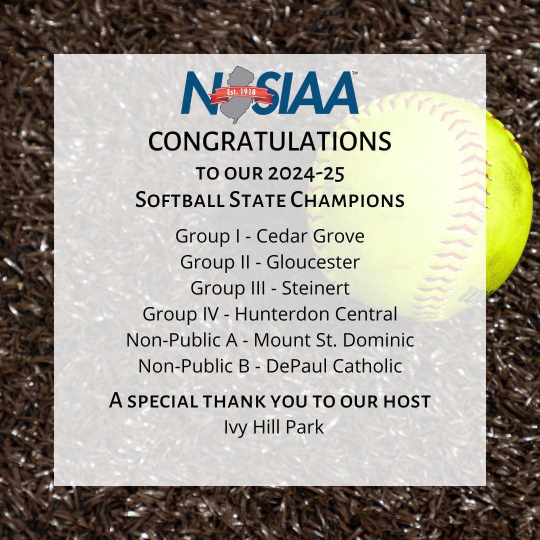NJSIAA's tweet image. NJSIAA congratulates our 2024-25 Softball State Champions! We also want to thank our generous host, Ivy Hill Park, for their hospitality hosting the NJSIAA Softball State Tournament.