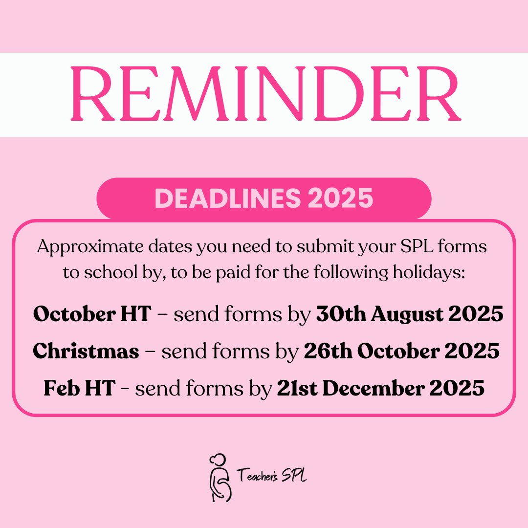 TeachersSPL's tweet image. Now that the summer holidays deadline has passed, here&apos;s a reminder of the rest of the deadlines for this year. If you get a 2wk Oct half term or 3wk Christmas, your deadlines would be a week earlier than the dates in the image, but this is an accurate guide for most schools. 😊
