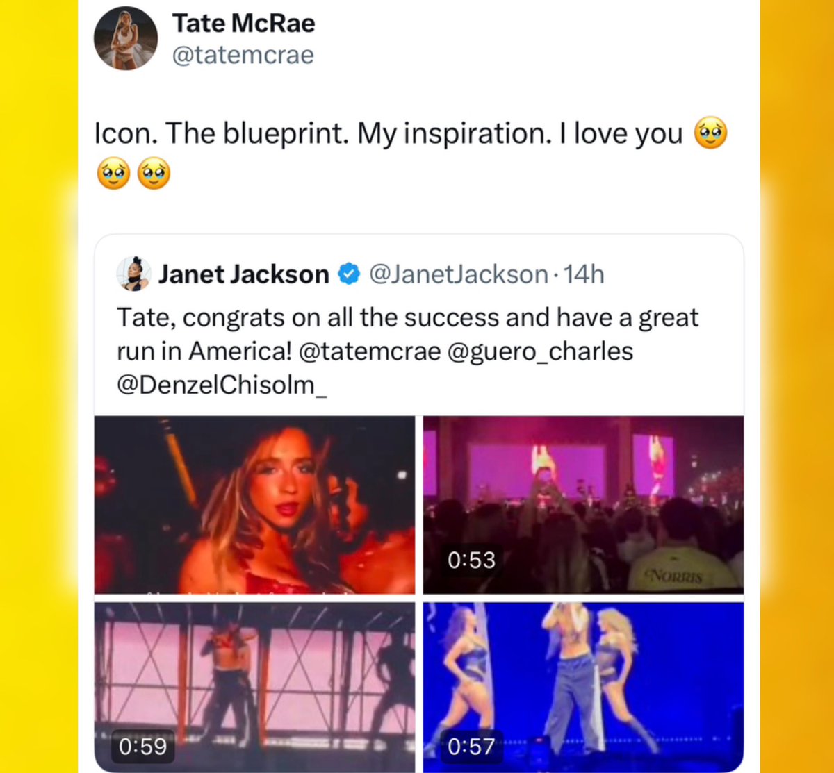 Tate McRae &amp; Janet Jackson show love for one another online.