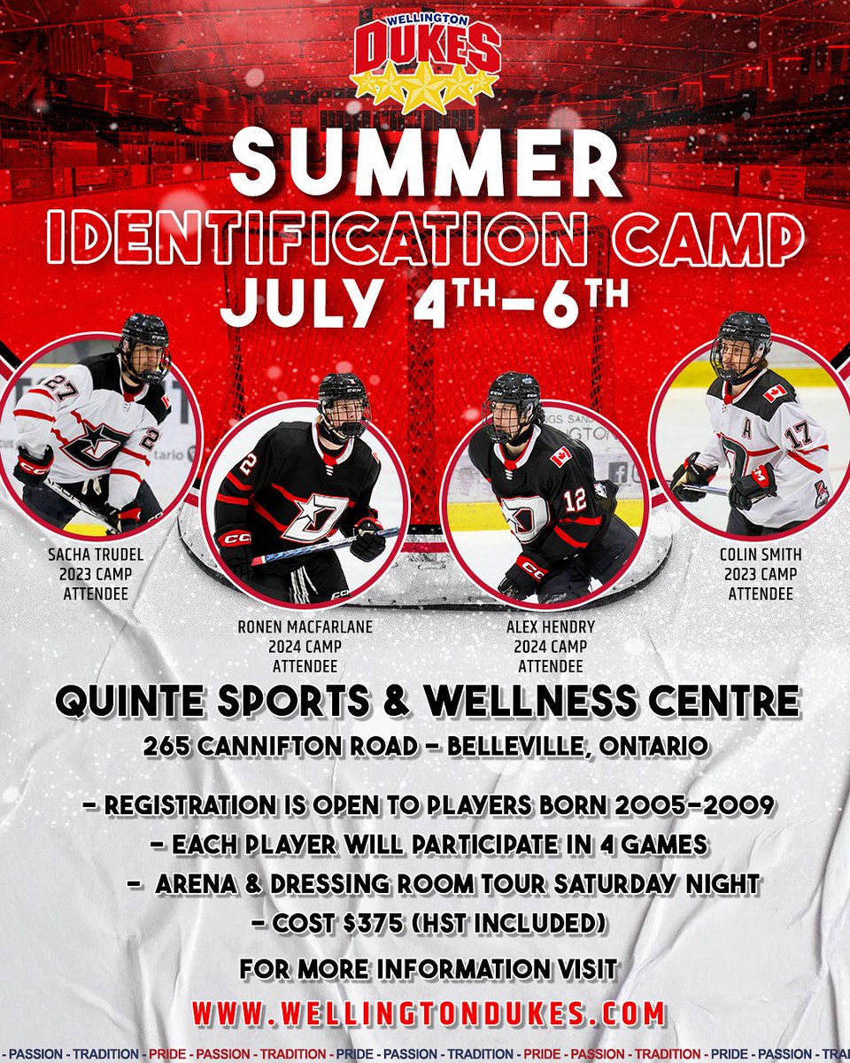 OJHLDukes's tweet photo. Registration for the Wellington Dukes 2025 Identification Camp is now open! Camp takes place from July 4th-6th at the Quinte Sports &amp; Wellness Centre and is open to players born between 2005-2009.

⬇️ Register below ⬇️

https://t.co/czmh7p0gcF https://t.co/6OwK7Z2JIk