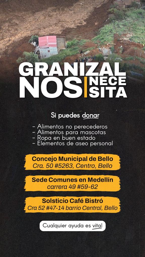 JuanDaRoldanA's tweet photo. ⚠️GRANIZAL Y EL PINAR NECESITAN NUESTRA SOLIDARIDAD⚠️
Tras el deslizamiento, muchas familias lo han perdido todo y es el momento de unirnos y apoyar.
Puedes hacer tus donaciones en estos puntos de acopio ⬇️ https://t.co/yAmrqLFcWm