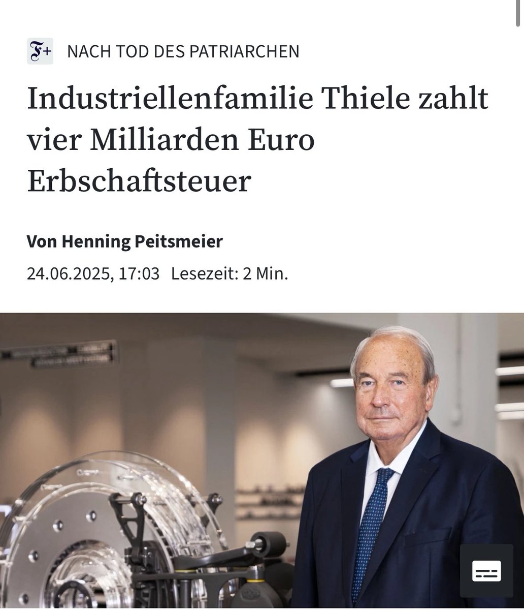 Die Familie Thiele zahlt fast 4 MILLIARDEN € #Erbschaftsteuer - der höchste Betrag, der je in Deutschland gezahlt wurde, geht an Bayern.

Der Grund: Eine Stiftung als steuergünstiges Vehikel ist zu spät fertig geworden. faz.net/aktuell/wirtsc…