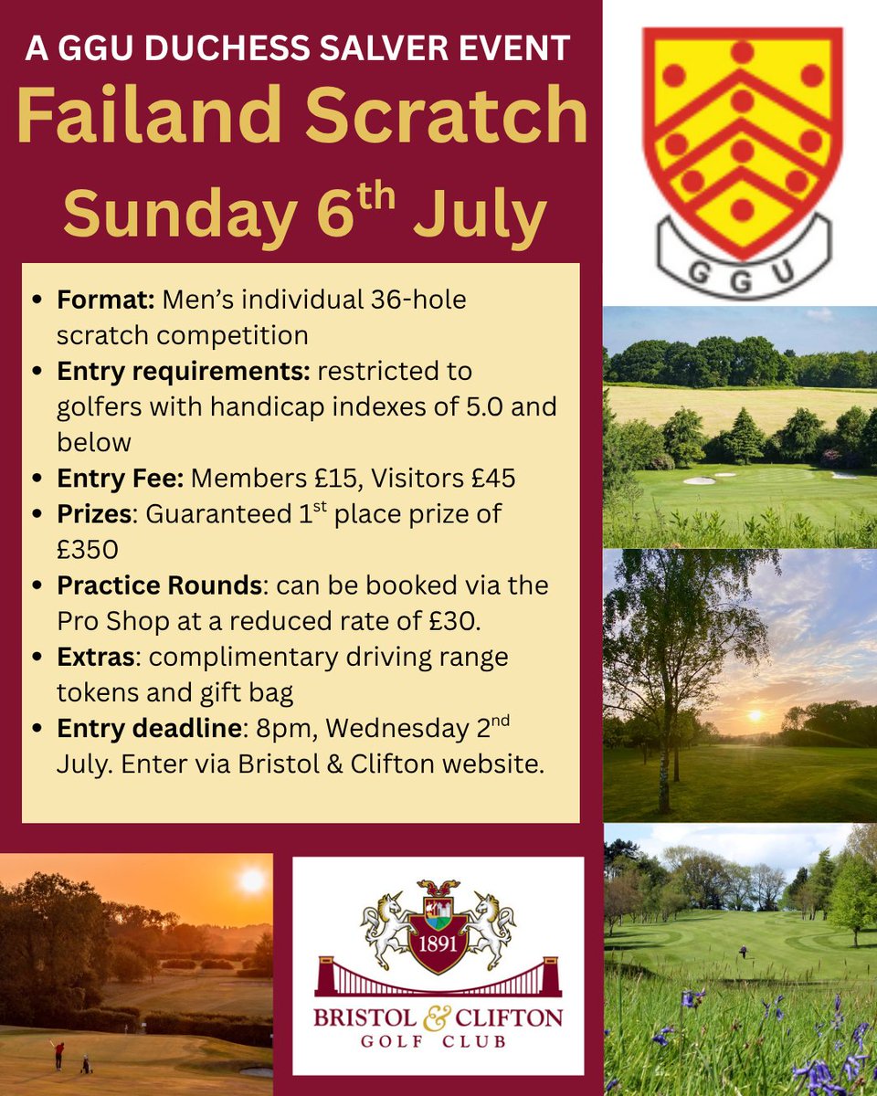 Bristol & Clifton GC (@bandcgolfclub) on Twitter photo Closing date extended to 2nd July 👇
@<a href="/DCGU_Golf/">Dorset Golf</a> <a href="/Glosgolf/">Gloucestershire Golf</a> <a href="/cgucornwall/">Cornwall Golf Union</a> <a href="/DevonGolf/">DevonGolf</a> <a href="/Glamorgan_G_U/">GlamorganGolfUnion</a> <a href="/GwentGolf/">Gwent Golf Union</a> <a href="/Somerset_G_U/">Somerset Golf Union</a> <a href="/wiltshire_golf/">Wiltshire Golf</a> <a href="/swsportsnews/">South West Sports News</a>
Don't delay - enter now 👍
- 36 Holes
- Great value
- 1st place £350
- Complimentary Range Balls & Gift Bag Closing date extended to 2nd July 👇
@<a href="/DCGU_Golf/">Dorset Golf</a> <a href="/Glosgolf/">Gloucestershire Golf</a> <a href="/cgucornwall/">Cornwall Golf Union</a> <a href="/DevonGolf/">DevonGolf</a> <a href="/Glamorgan_G_U/">GlamorganGolfUnion</a> <a href="/GwentGolf/">Gwent Golf Union</a> <a href="/Somerset_G_U/">Somerset Golf Union</a> <a href="/wiltshire_golf/">Wiltshire Golf</a> <a href="/swsportsnews/">South West Sports News</a>
Don't delay - enter now 👍
- 36 Holes
- Great value
- 1st place £350
- Complimentary Range Balls & Gift Bag
