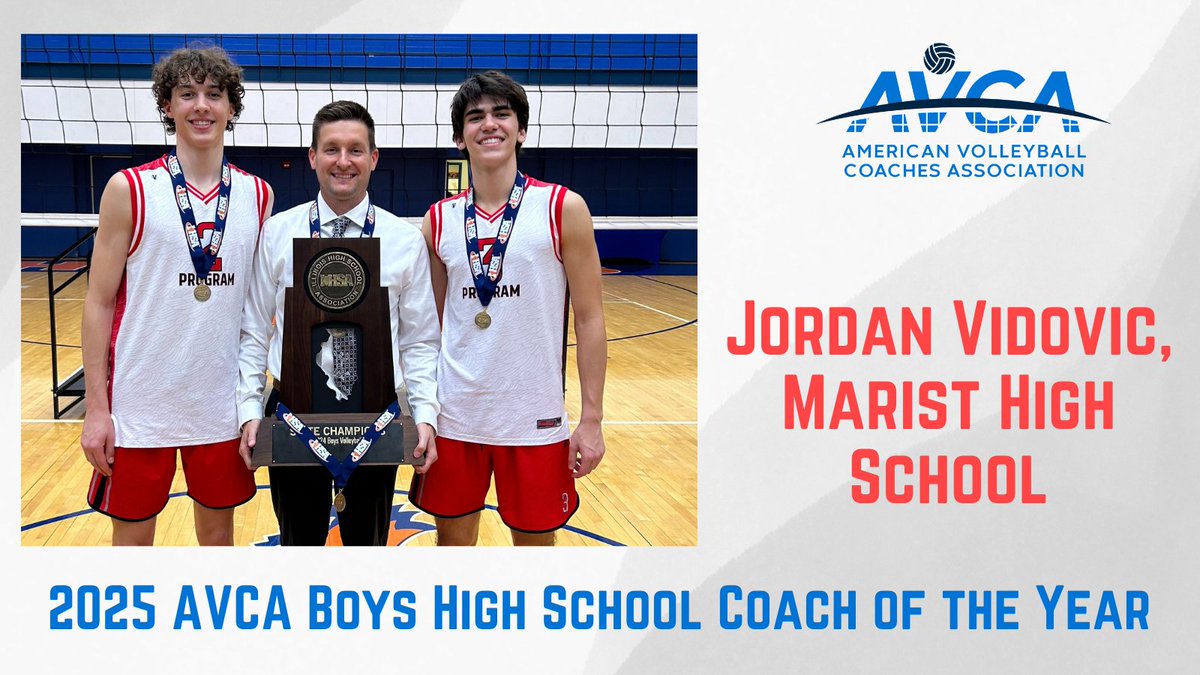 Jordan Vidovic of Marist HS in Chicago is the 2025 Boys High School Coach of the Year. He guided the RedHawks to many milestones in 2025, and the team finished the season 40-2 after winning a second straight Illinois boys volleyball state title.
avca.org/award/2025-avc…
#WeAreAVCA