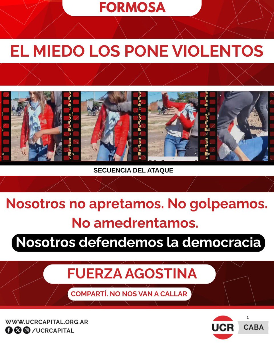 La <a href="/UCRCapital/">UCR CABA</a> repudia enérgicamente el ataque contra la diputada Agostina Villaggi en Formosa.

Responsabilizamos al régimen de Gildo Insfrán y exigimos garantías para todos los dirigentes opositores.

No al miedo. No a la violencia política.