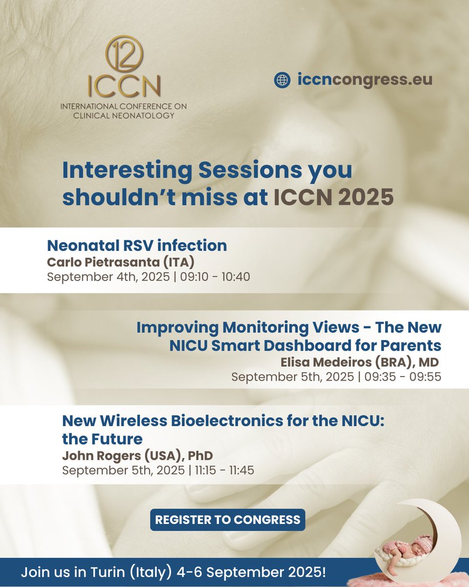 ICCN_Congress's tweet image. Register to join us this September in Turin to advance your knowledge in #ClinicalNeonatology! Discover some of the interesting topics that will be discussed by international experts.
Register to the congress now👉: bit.ly/ICCN-REGISTRAT…
@NeonatologiaMex @StanfordNeo