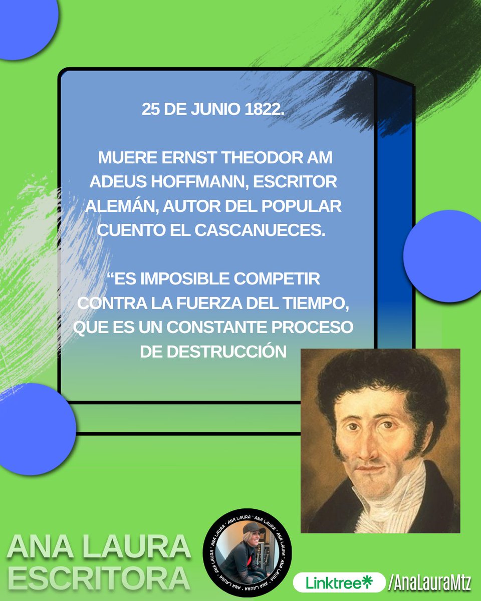 📆 #UnDíaComoHoy en 1822 muere E.T.A. Hoffmann, autor de El Cascanueces, visionario del cuento fantástico y figura clave en la literatura alemana.

🎭 También fue músico, jurista y dibujante. Su influencia traspasó siglos.

"Es imposible competir contra la fuerza del tiempo..."