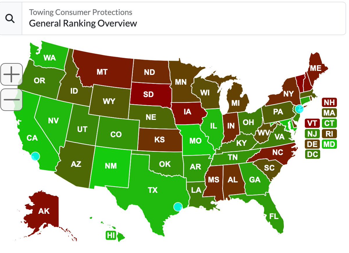 Ranking – Towing website grades states on predatory towing laws. About eight states got A's, while a few flunked.  buff.ly/89ybs7I
