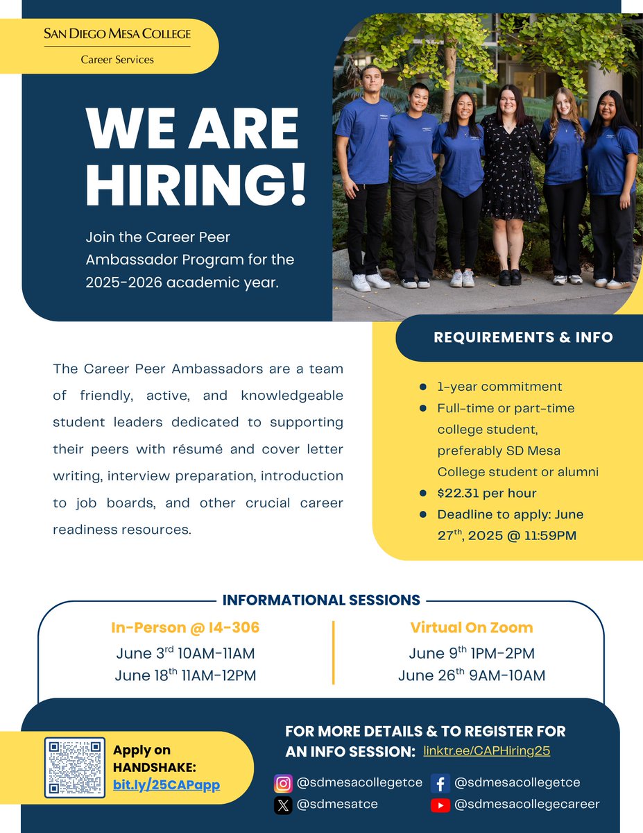 📢 Don't miss out and apply to be a Career Peer Ambassador at Mesa’s Career Center! 🌟 Help fellow students with resumes, cover letters, interviews &amp; more! 💼 Info sessions in-person &amp; online! Apply by June 27 @ 11:59 PM ⏰ #sandiegomesacollege