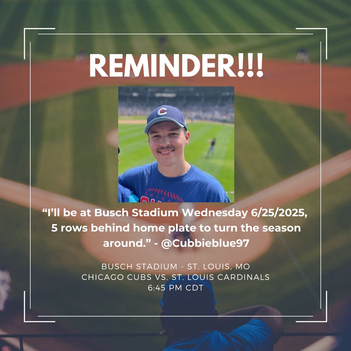For those of you not in the loop, I am happy to relay this announcement on behalf of <a href="/Cubbieblue97/">Brett</a>. 😂
The winning streak starts tonight! #BeHereForIt