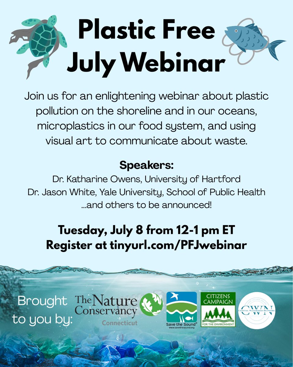 Citizens Campaign for the Environment (@citizensenviro) on Twitter photo It's almost #PlasticFreeJuly! Join CCE, <a href="/TNC_CT/">The Nature Conservancy in Connecticut</a>, and
<a href="/SavetheSound/">Save the Sound</a> on July 8 from 12-1pm for an educational webinar about plastic pollution. Speakers will include Dr. Katherine Owens from <a href="/UofHartford/">University of Hartford</a> and Dr. Jason White from <a href="/YaleSPH/">Yale School of Public Health</a>. Register now at tinyurl.com/PFJwebinar 🌊🐠 It's almost #PlasticFreeJuly! Join CCE, <a href="/TNC_CT/">The Nature Conservancy in Connecticut</a>, and
<a href="/SavetheSound/">Save the Sound</a> on July 8 from 12-1pm for an educational webinar about plastic pollution. Speakers will include Dr. Katherine Owens from <a href="/UofHartford/">University of Hartford</a> and Dr. Jason White from <a href="/YaleSPH/">Yale School of Public Health</a>. Register now at tinyurl.com/PFJwebinar 🌊🐠