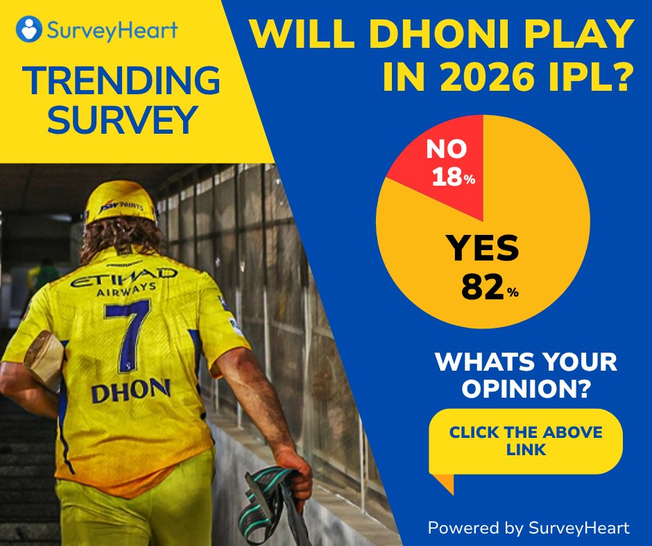 surveyheartapp's tweet photo. Will Dhoni play in the 2026 IPL?
https://t.co/rNJrMCfkZM
Take a Minute, Make an Impact — Join Our Trending Survey!

#surveyheart #FormBuilder #formsapp #onlineforms #onlinequizzes #onilneformcreationtool #trendingsurvey #trending #survey #dhoni #msd #VoteNow https://t.co/QEH18BMHj1