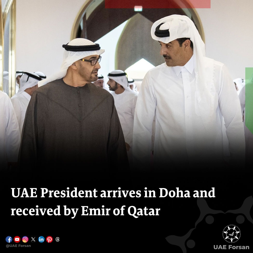 UAE President HH Sheikh Mohamed bin Zayed Al Nahyan arrived in Doha today on a fraternal visit to the State of Qatar. Upon arrival at Hamad International Airport, the UAE President and his accompanying delegation were welcomed by HH Sheikh Tamim bin Hamad Al Thani, Emir of Qatar