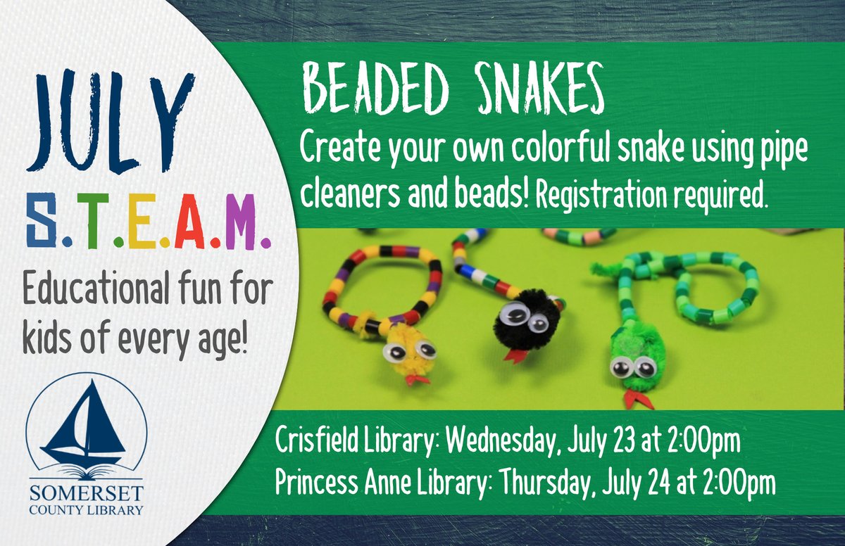 SomersetCounty1's tweet image. 💥 Make a snake! For kids of all ages, registration required, call or stop by to sign up. ⚙️
Crisfield Library: 410-968-0955
Princess Anne: 410-651-0852
#stem #librarystem