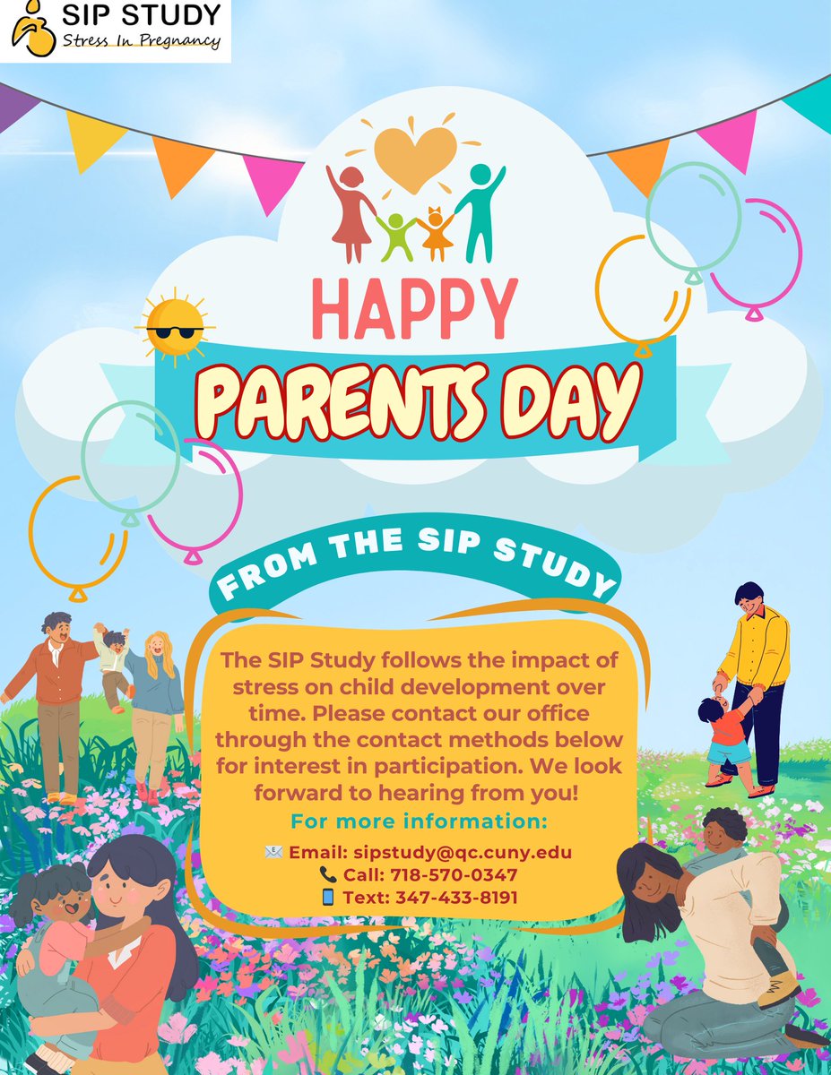 sip_study's tweet photo. 🎉 Happy Parents Day from the SIP Study! 🎉
Join our research on child development — earn up to $355 with our summer promo!
📩 sipstudy@qc.cuny.edu | 📲 Text: 347-433-8191 https://t.co/6ZQ7bEevnR