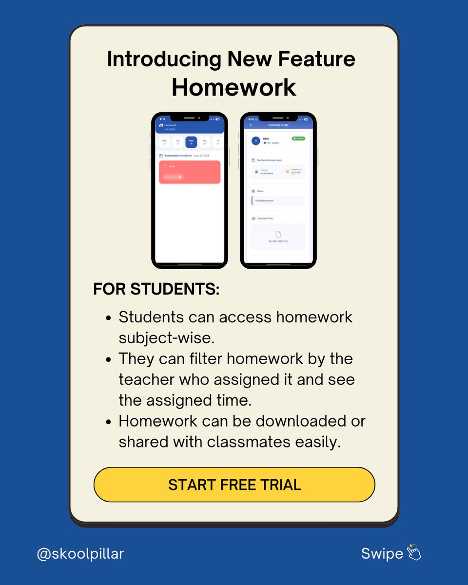 skoolpillar's tweet photo. Digital homework made simple for teachers and students with skoolpillar app.
Assign, submit, and track homework -anytime, anywhere. Stay organized and never miss a task!

Never miss homework again! Contact us for a free trial.

#schoolmanagementapp #StudentLife #skoolpillar https://t.co/UUTP9h3vr5