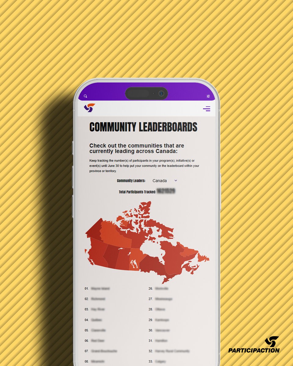 ParticipACTION's tweet image. It's the FINAL WEEK of the Community Challenge! Currently, Richmond, Mayne Island, Hay River, Québec and Clarenville are leading the charge!
Can your hometown make a comeback? Let's all finish this week strong!
Join the Community Challenge today: hubs.la/Q03tB5j60