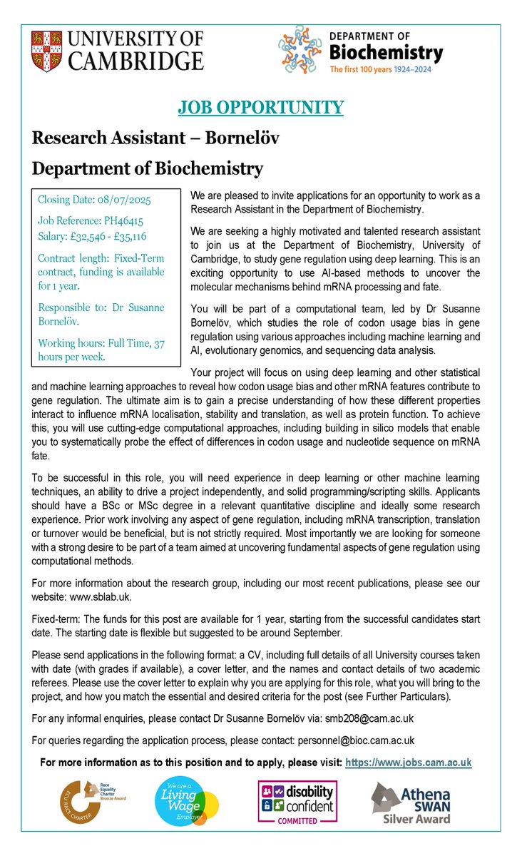 CamBiochem's tweet image. The Bornelöv Group is seeking a Research Assistant to work on gene regulation using deep learning. This is an exciting opportunity to use AI-based methods to uncover the molecular mechanisms behind mRNA processing and fate. Apply here by 8 July 2025: jobs.cam.ac.uk/job/51812/