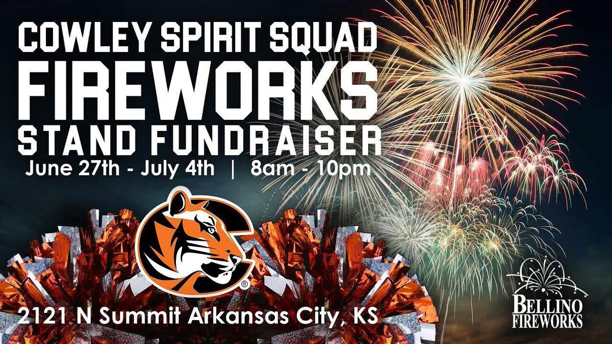 CowleySpirit's tweet image. 🎇 Let us help you light up the sky this 4th of July! 🎆
The Cowley Spirit Squad is hosting a Fireworks Stand Fundraiser June 27th–July 4th from 8am–10pm at 2121 N Summit, Arkansas City, KS!
Come grab your fireworks and support your favorite spirit squads! 🧡🐅✨