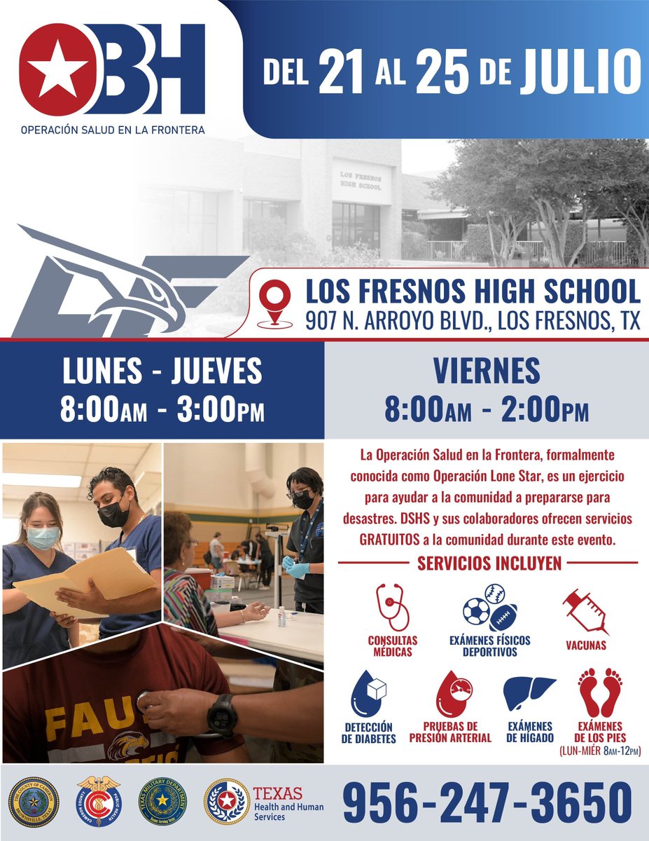LosFresnosCISD's tweet image. The Cameron County Public Health Department will host Operation Border Health at Los Fresnos High School from July 21-25.
The department will offer a wide range of FREE health services for our communities.
Questions? Call Cameron County Health Department at (956) 247-3650