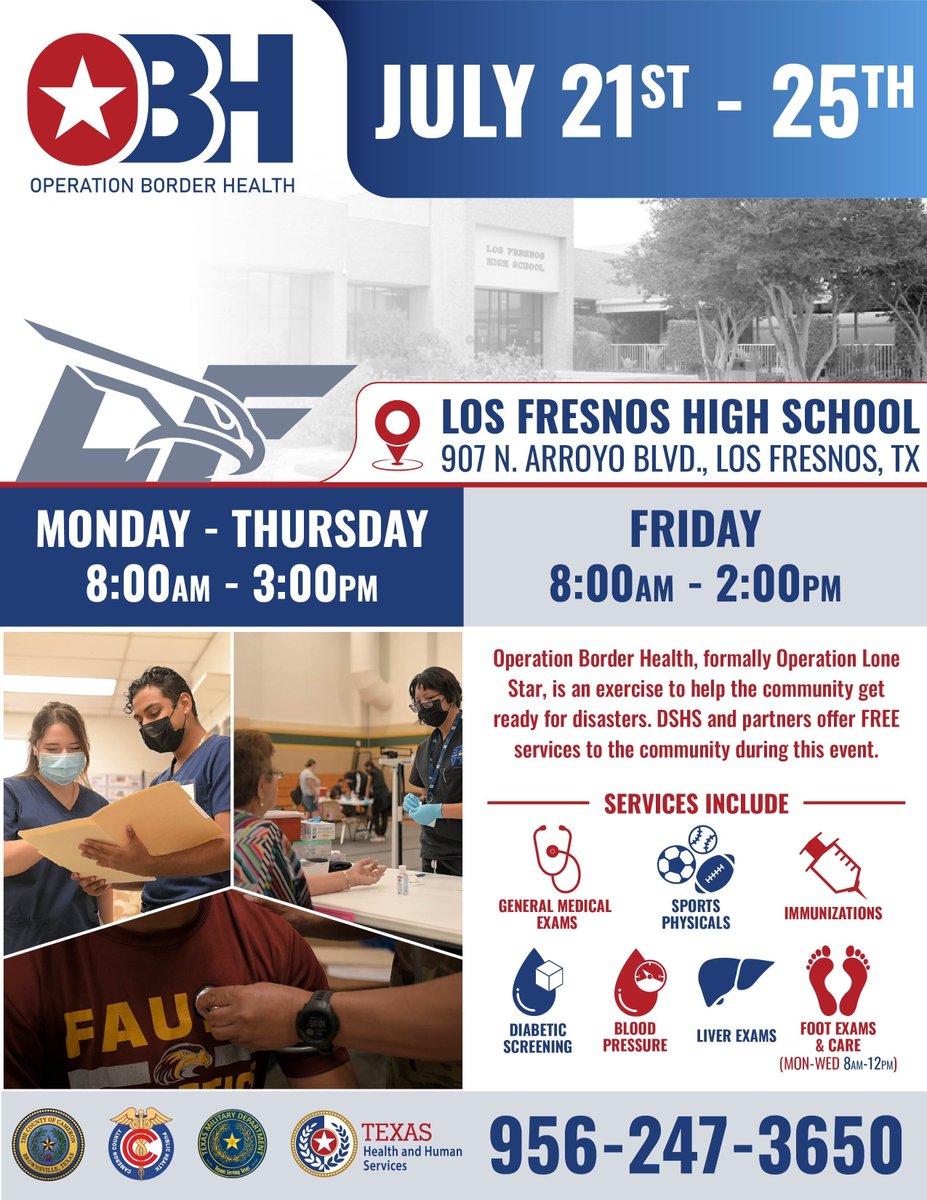 LosFresnosCISD's tweet image. The Cameron County Public Health Department will host Operation Border Health at Los Fresnos High School from July 21-25.
The department will offer a wide range of FREE health services for our communities.
Questions? Call Cameron County Health Department at (956) 247-3650
