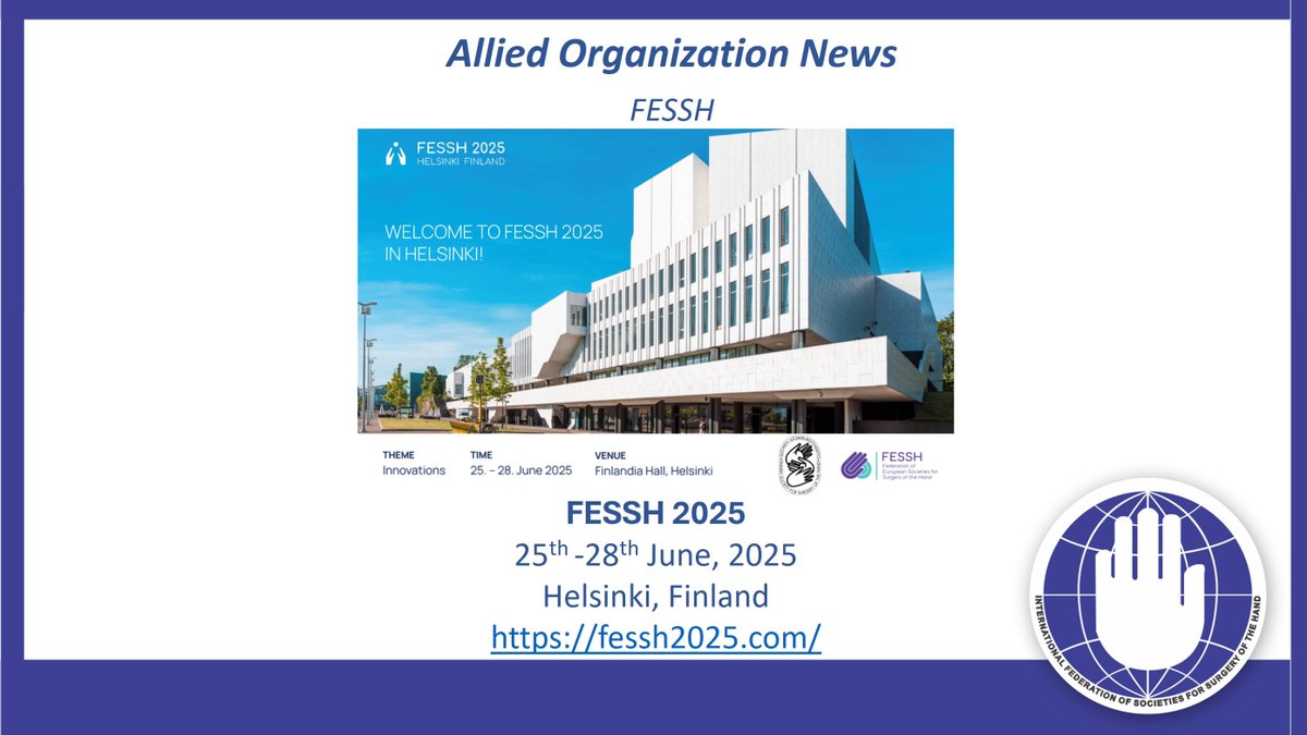 IFSSHand's tweet image. 🇫🇮✨ The hand surgery community heads to stunning Helsinki for FESSH 2025! 🖐️🌿 An opportunity to exchange insights, techniques, and strengthen professional networks this June. #HandSurgery