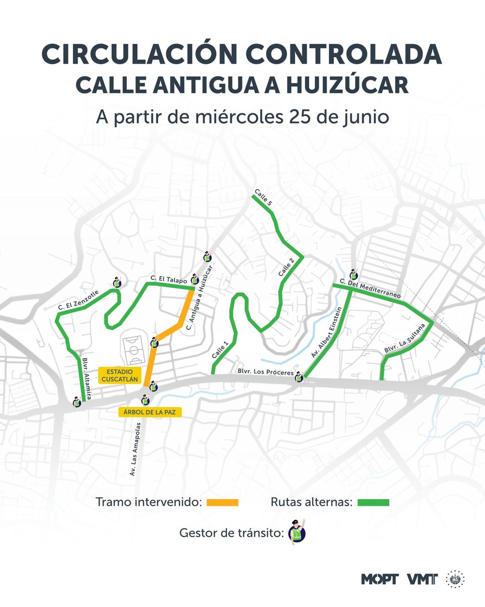 Ojo al dato 
Iniciaron los trabajos de sustitución de tuberías en la calle Antigua a Huizúcar, entre la calle El Talapo y el bulevar Los Próceres, informó el Viceministerio de Transporte. 
Gestores de tránsito se mantienen en la zona para dar fluidez al paso vehicular.