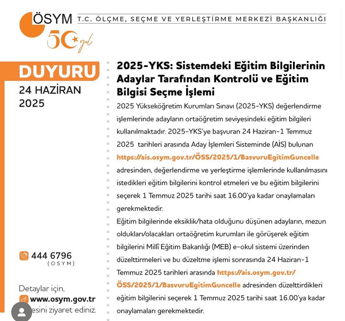 Esenyurt RAM (@esenyurtram) on Twitter photo 2025 YKS’ye giren öğrencilerimizin 24 Haziran - 1 Temmuz tarihleri arasında sistemleri üzerinden eğitim bilgilerini kontrol etmeleri ve onaylamaları gerekmektedir.
<a href="/MebOrgm/">Özel Eğitim ve Rehberlik Hiz. Genel Müdürlüğü</a> <a href="/meb_ogm/">Ortaöğretim Genel Müdürlüğü</a> <a href="/istanbulilmem/">İstanbul İl Millî Eğitim Müdürlüğü</a> <a href="/istmem_oer/">İstanbul İl Özel Eğitim ve Rehberlik Hizmetleri</a> <a href="/esenyurtmem/">Esenyurt İlçe Millî Eğitim Müdürlüğü</a> <a href="/OSYMbaskanligi/">ÖSYM</a> 2025 YKS’ye giren öğrencilerimizin 24 Haziran - 1 Temmuz tarihleri arasında sistemleri üzerinden eğitim bilgilerini kontrol etmeleri ve onaylamaları gerekmektedir.
<a href="/MebOrgm/">Özel Eğitim ve Rehberlik Hiz. Genel Müdürlüğü</a> <a href="/meb_ogm/">Ortaöğretim Genel Müdürlüğü</a> <a href="/istanbulilmem/">İstanbul İl Millî Eğitim Müdürlüğü</a> <a href="/istmem_oer/">İstanbul İl Özel Eğitim ve Rehberlik Hizmetleri</a> <a href="/esenyurtmem/">Esenyurt İlçe Millî Eğitim Müdürlüğü</a> <a href="/OSYMbaskanligi/">ÖSYM</a>