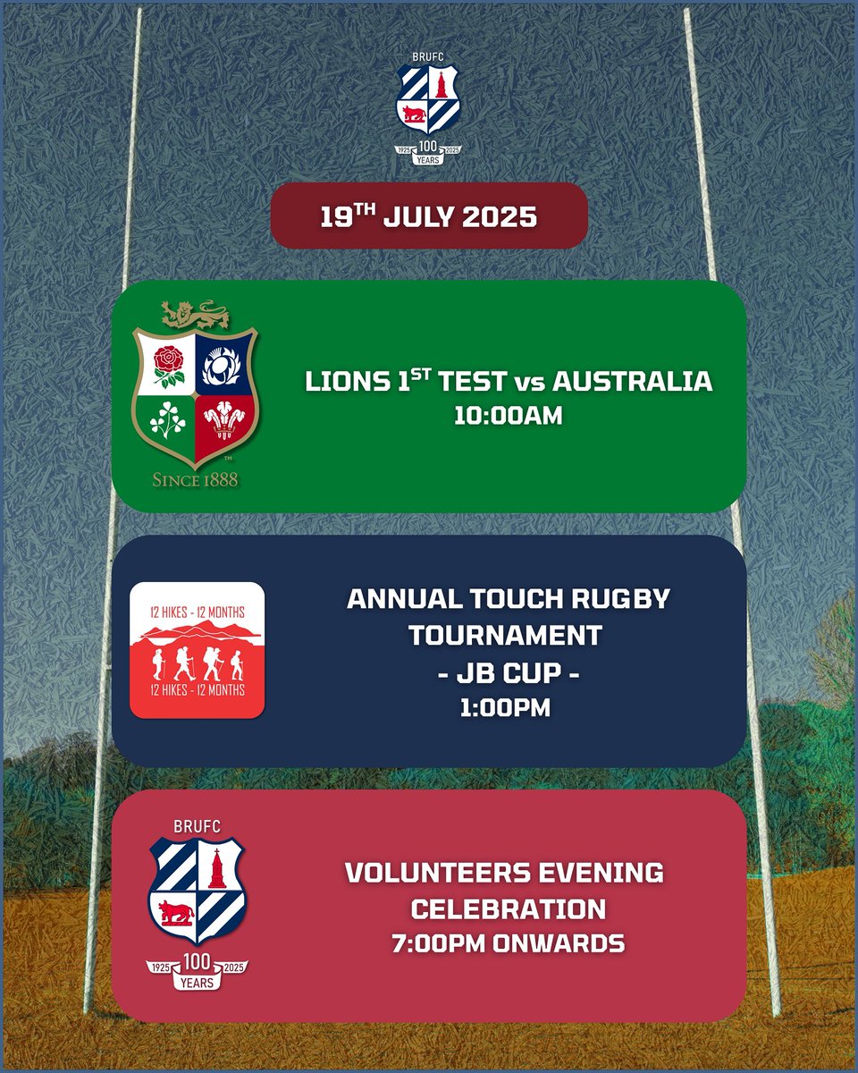 𝟏𝟗𝐭𝐡 𝐉𝐔𝐋𝐘 𝟐𝟎𝟐𝟓 🏉 

𝟭𝟬:𝟬𝟬𝗮𝗺 - Lions 1st Test vs Australia

𝟭:𝟬𝟬𝗽𝗺 - Annual Touch Rugby Tournament (JB Cup)

𝟳:𝟬𝟬𝗽𝗺 𝗢𝗻𝘄𝗮𝗿𝗱𝘀 - Volunteers Evening Celebration

#BanburyRUFC #Rugby #Bulls 🐂