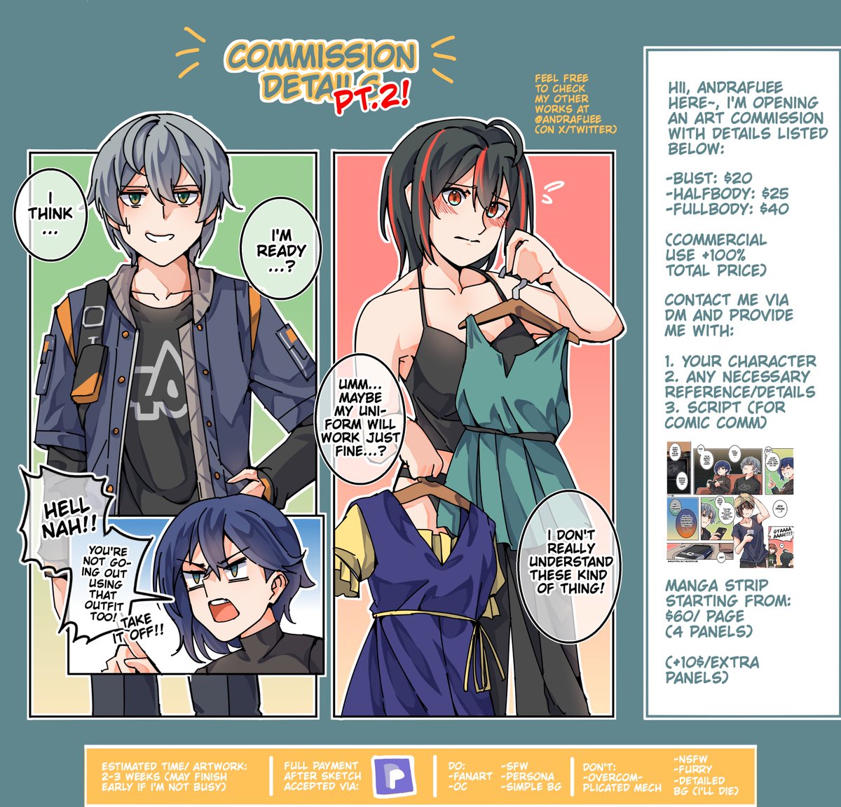 andrafuee's tweet image. Hii~ i'm currently available for art commission the second time with limited slots! ✨(1/5), feel free to dm me if you have anything to ask/ want to order!
you can help/support me by retweeting this post! thank you so much~ 🙏