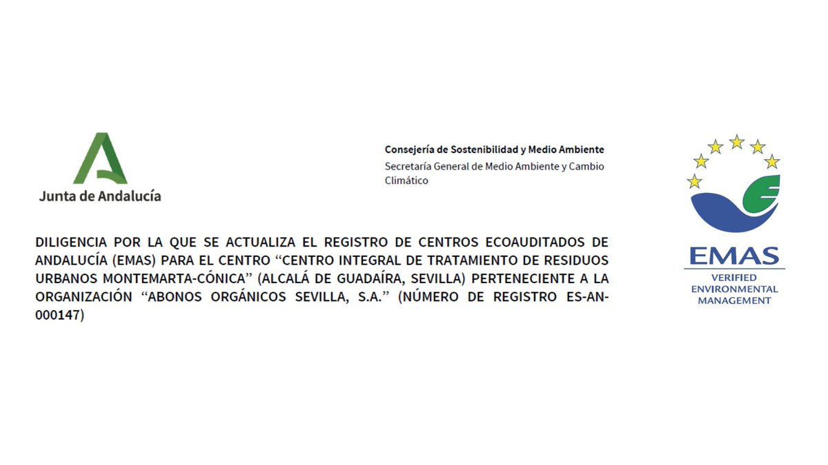 ABORGASE's tweet photo. ✅ ¡Aborgase actualiza su inscripción en el 𝗥𝗲𝗴𝗶𝘀𝘁𝗿𝗼 𝗘𝗠𝗔𝗦!

La Junta de Andalucía reconoce nuestro compromiso con la mejora ambiental continua y la sostenibilidad en el tratamiento de residuos.

¡Seguimos avanzando! 🌍♻️ https://t.co/ps7oamk0to