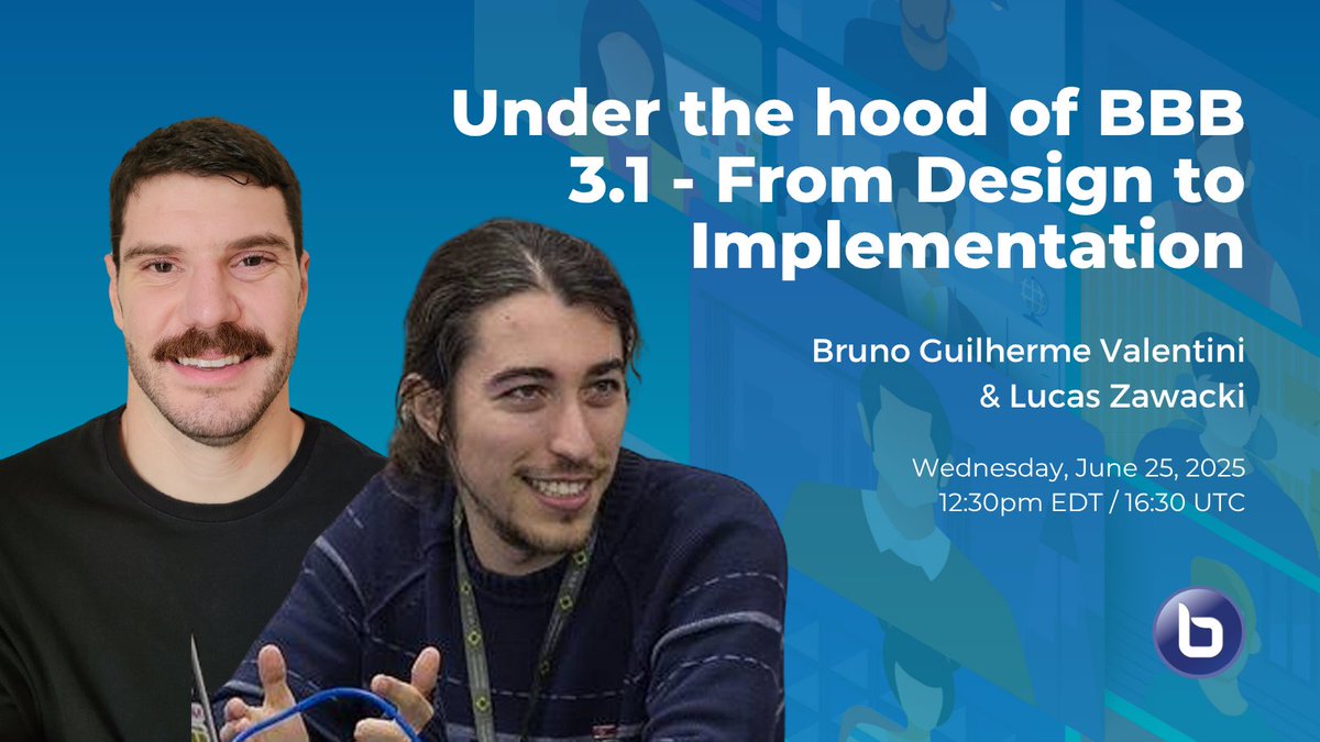 🔧 Peek under the hood of BBB 3.1. Bruno &amp; Lucas from <a href="/mconforg/">Mconf</a> take you from design to implementation in today’s #BigBlueButton World dev session. ⏰ Live in 1 hour — register here: ow.ly/ciEn50Wf33F 

#OpenSource  #EdTech