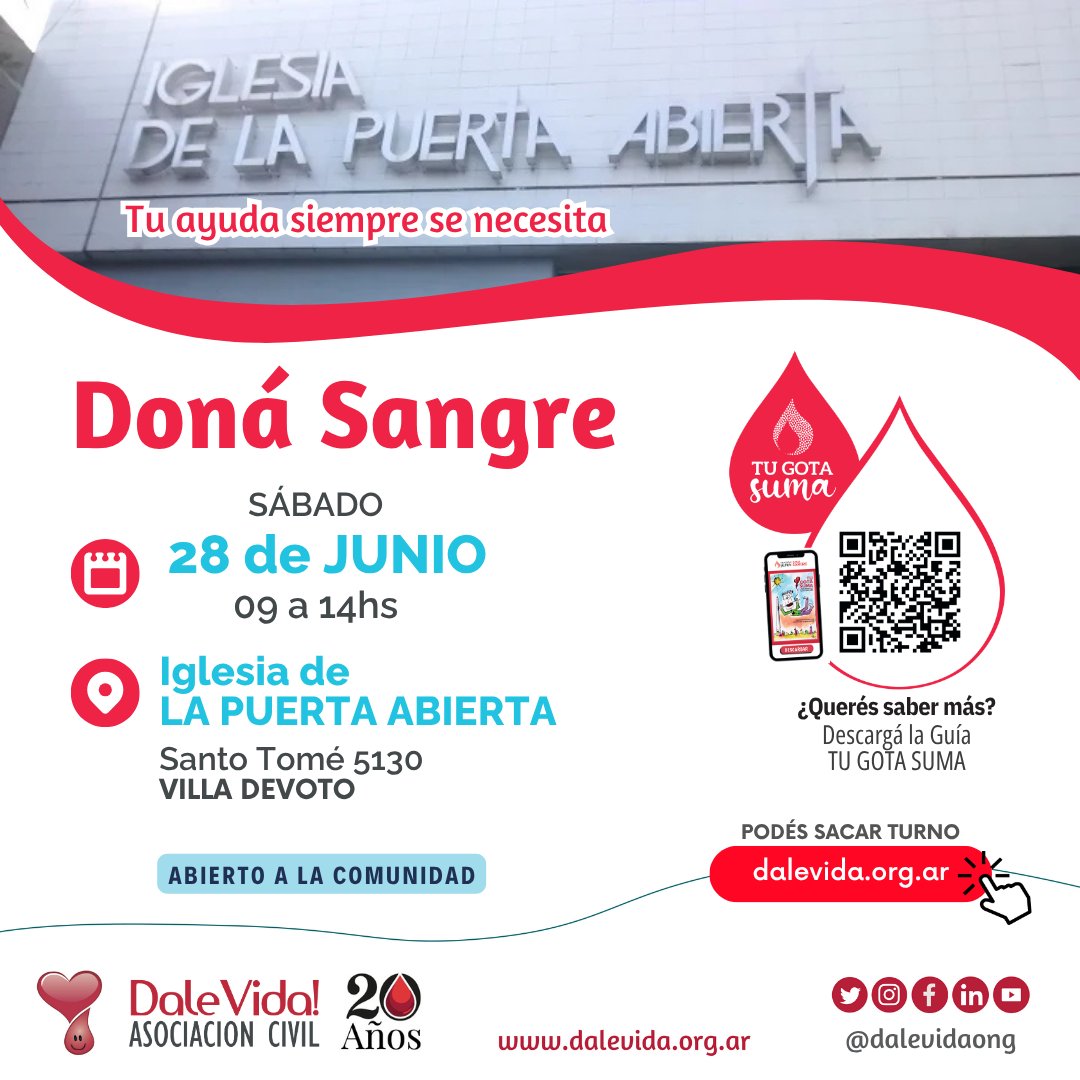 📅 SÁBADO 28 de JUNIO de 09 a 14hs
🩸 IGLESIA DE LA PUERTA ABIERTA | Santo Tomé 5130 - VILLA DEVOTO <a href="/ipuertaabierta/">La Puerta Abierta</a>
Podés sacar tu turno 👉 dalevida.org.ar