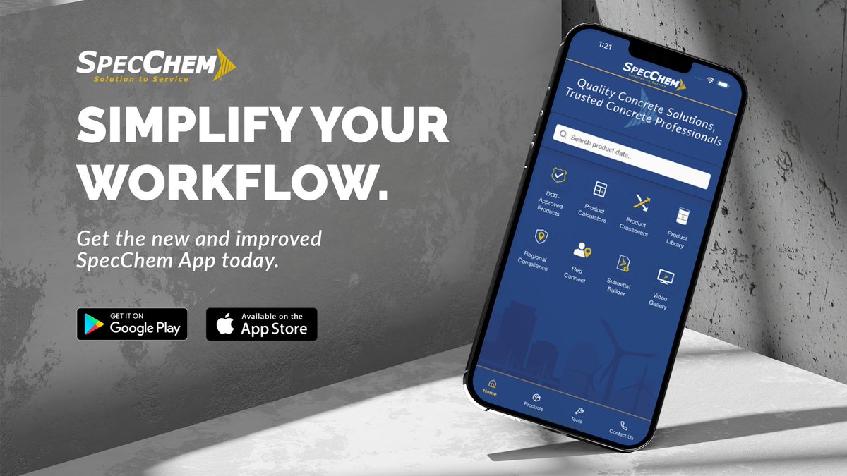 SpecChemLLC's tweet photo. The new &amp; improved SpecChem App puts all the tools you need — right in your pocket.

✅ Product data
✅ DOT-approved products
✅ Product calculators
✅ Crossovers &amp; library
✅ Rep connect &amp; submittals
and more!

#SpecChem #ConcreteSolutions #ConstructionPros #MadeForContractors https://t.co/tXNyD9Z5hm