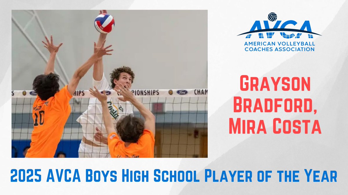 For the first time, the AVCA is selecting a Boys High School Volleyball Player of the Year, and Grayson Bradford of Mira Costa High School is the inaugural recipient. 
avca.org/award/2025-avc…
#WeAreAVCA