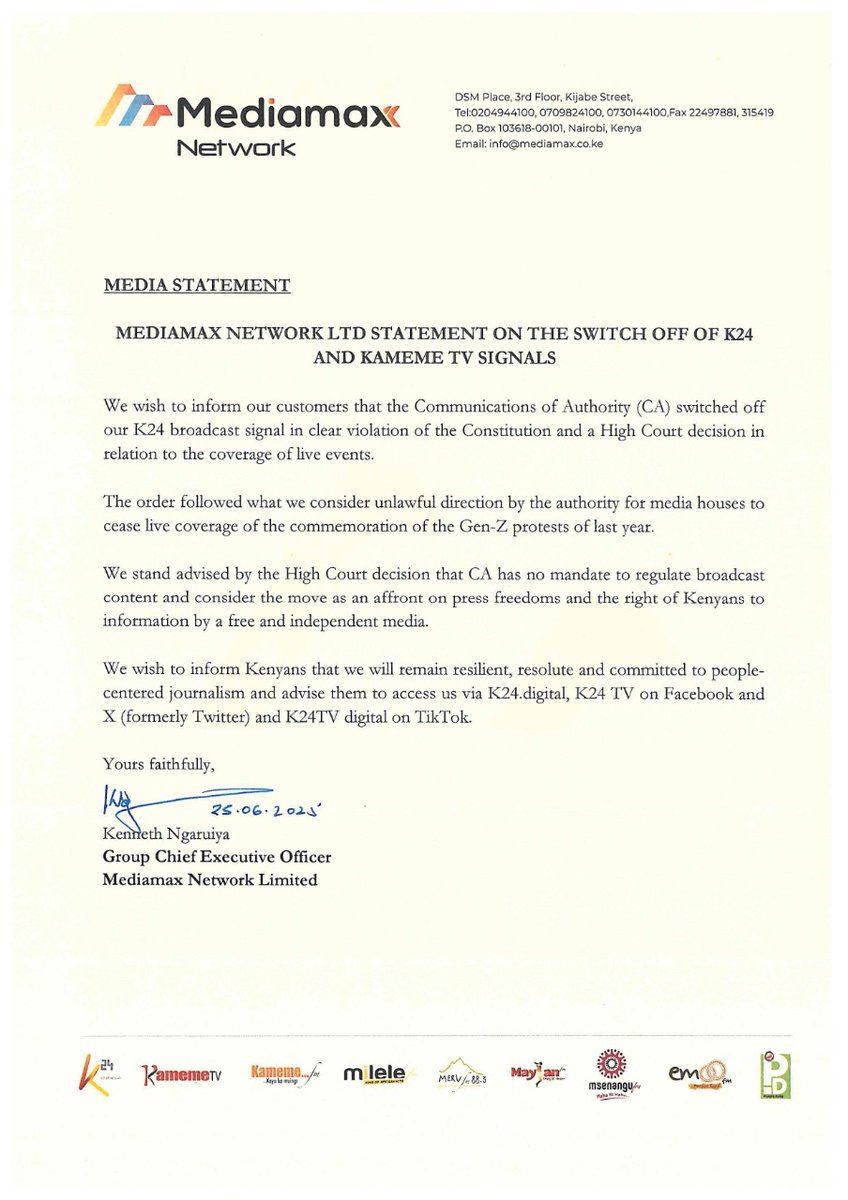 🚨 OFFICIAL STATEMENT
We wish to inform the public that K24 TV and Kameme TV signals were unlawfully switched off by the Communications Authority, violating constitutional rights and a High Court decision.

We remain resilient, resolute, and committed to people-centered