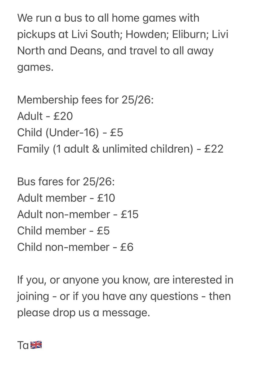 People, 

Some info attached on joining our club for the upcoming season.

New members and guests are always welcome.

This will now be the 15th season in a row that bus fares will be at £10 for adult members!

Have a look and get back to us if you have any questions.

💙🔴⚪️🔵🇬🇧