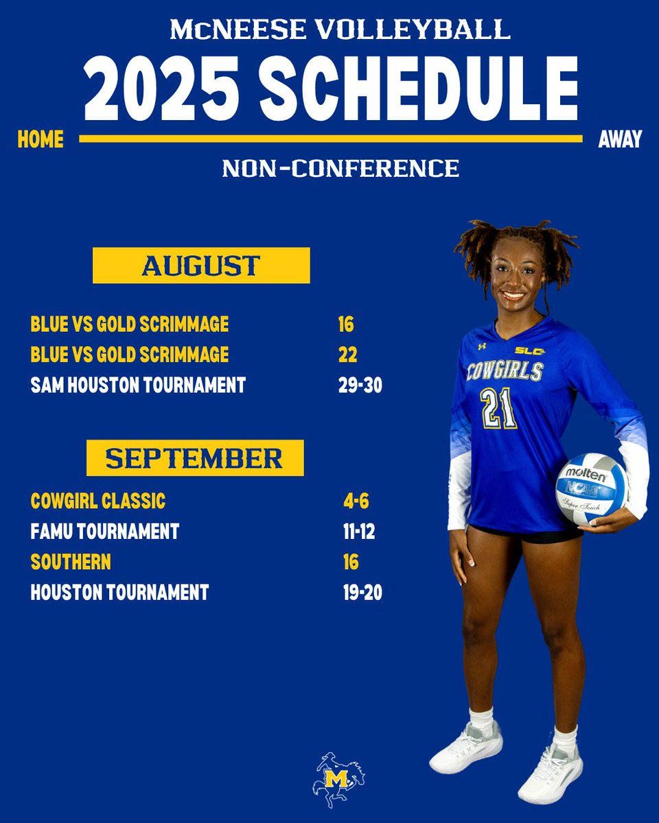 McNeeseVball's tweet image. Mark your calendars! Your 2025 Cowgirl Volleyball schedule is here🏐

#GeauxPokes