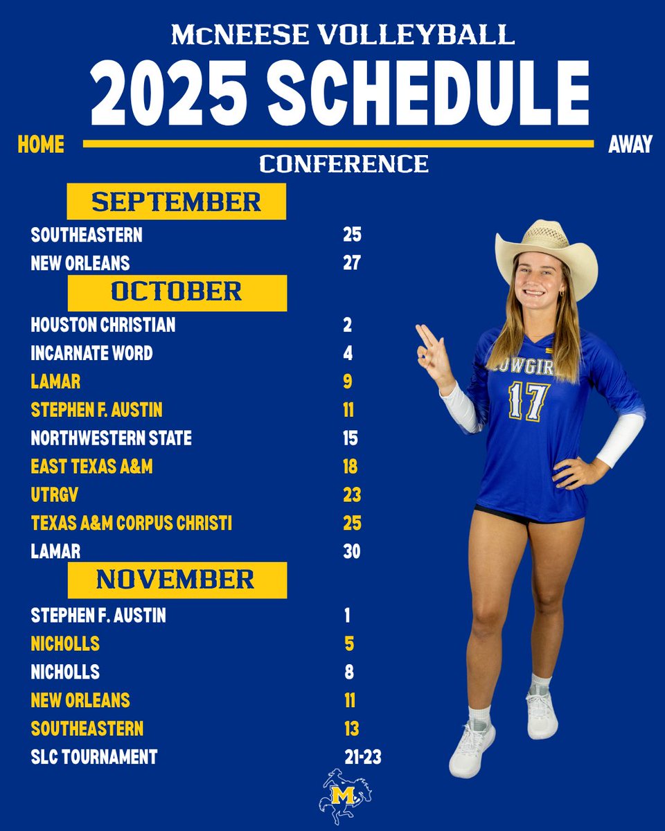 McNeeseVball's tweet image. Mark your calendars! Your 2025 Cowgirl Volleyball schedule is here🏐

#GeauxPokes